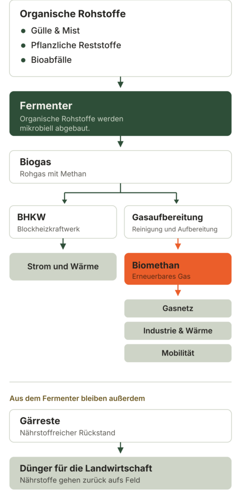 Ablaufschema von organischen Reststoffen über Fermenter und Gasaufbereitung zu Biomethan für Gasnetz, Industrie und Verkehr